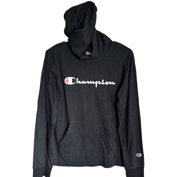 Champion Youth Black Long Sleeve Hoodie Shirt Spell Out Logo Lightweight Large - Picture 1 of 13